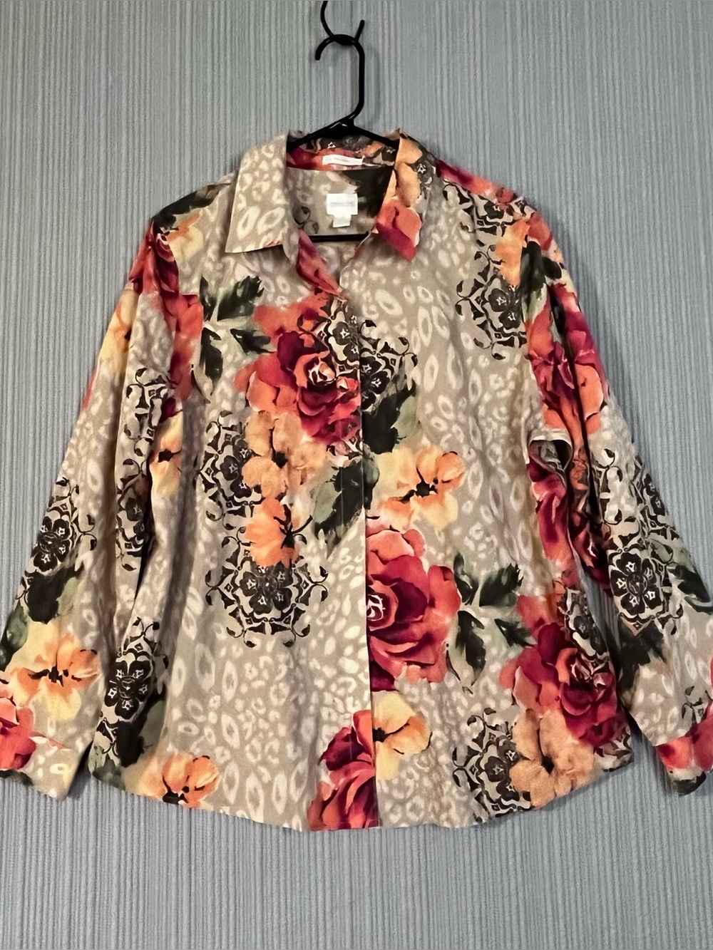 Chicos Long Sleeve Button Up Shirt Blouse Fall Color Floral Womens XL (3) Cotton